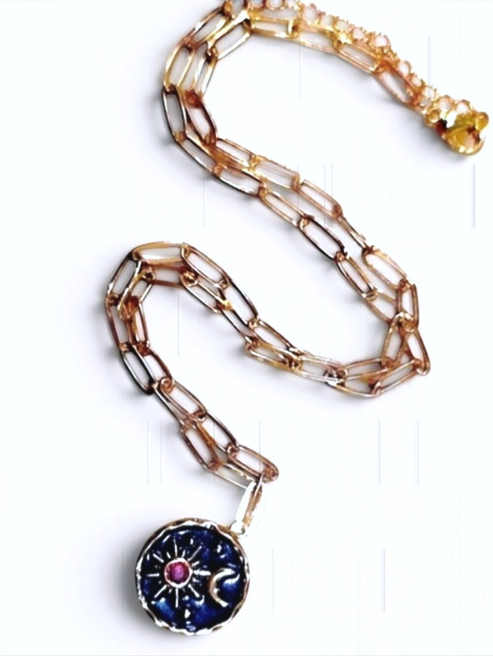 Sun Moon Celestial Coin Pendant Necklace Gold Paperclip Chain Boho Talisman NWOT